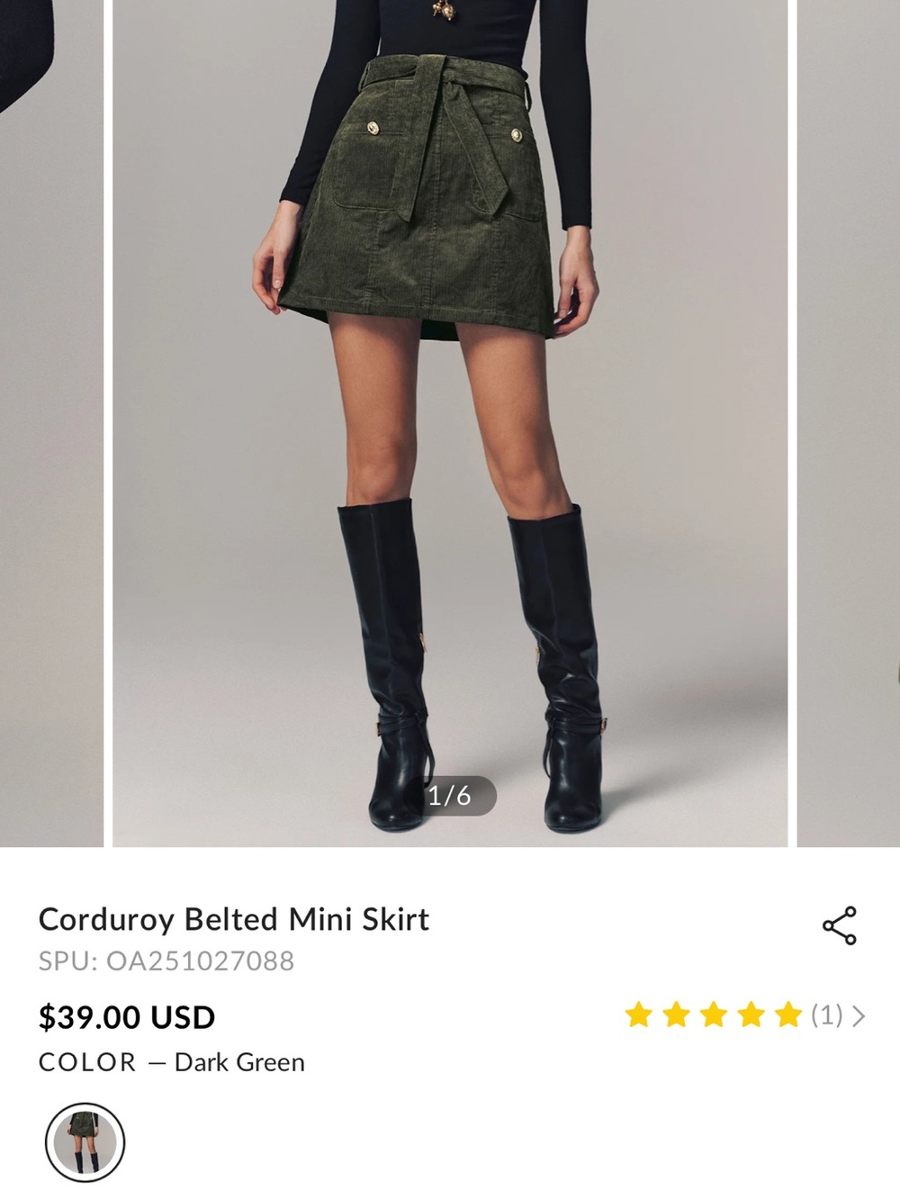 Commense Dark Green Corduroy Tie-Belt Mini Skirt